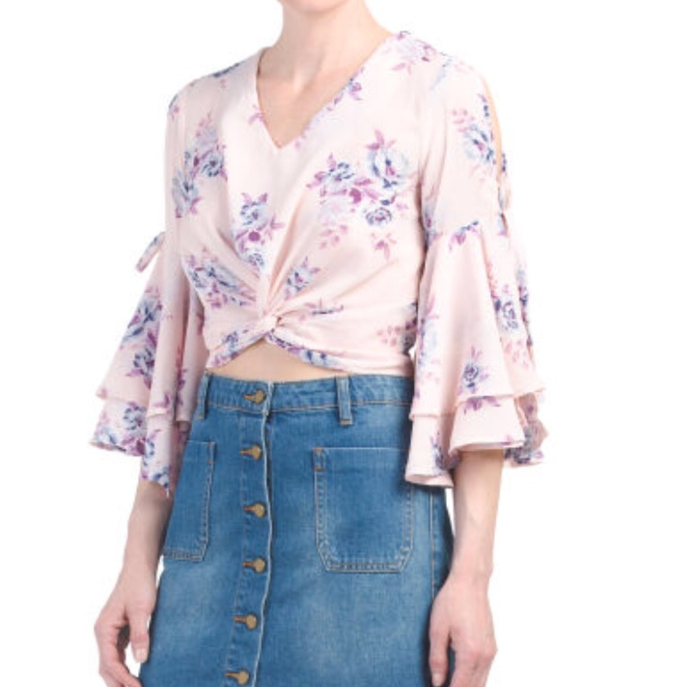 Pink floral flutter sleeve top